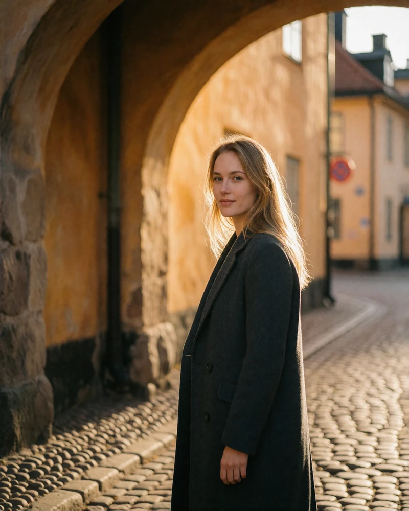Swedish woman in a charcoal wool coat standing beneath a stone archway in an old town at dusk