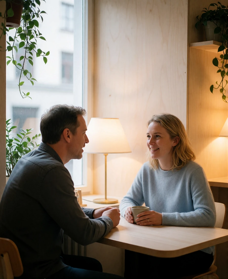 Couple talking over coffee at a wooden table in a bright Nordic-style cafe with birch panelling