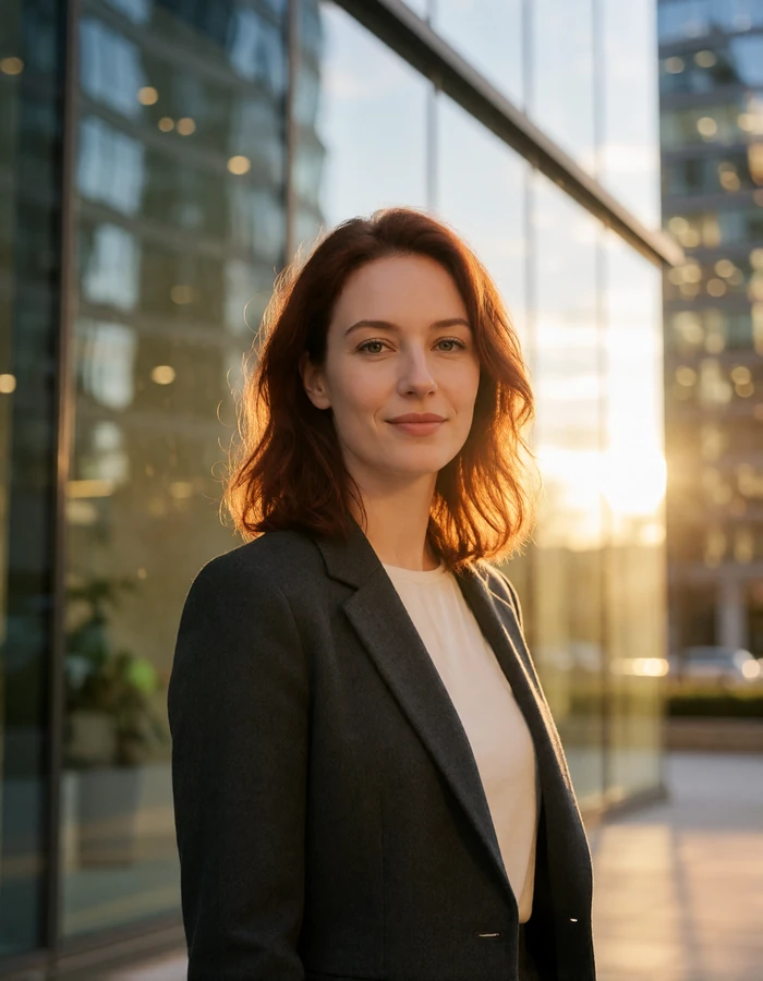 Luxembourg woman in a charcoal blazer in the Kirchberg business district