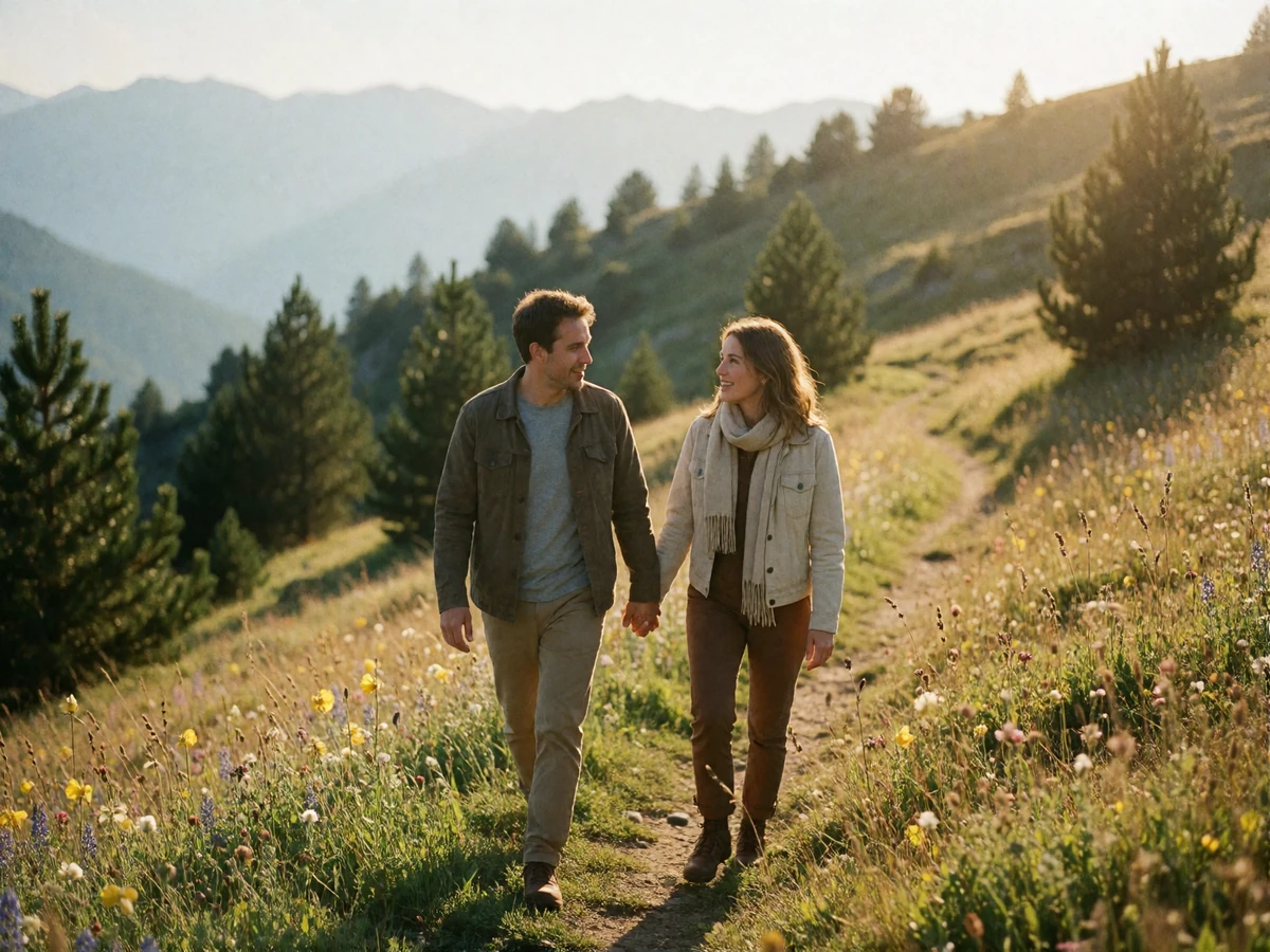 Couple walking hand in hand along a grassy alpine trail above a Pyrenean valley