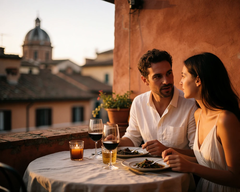 Couple sharing an alfresco dinner at a small rooftop table in an Italian old town