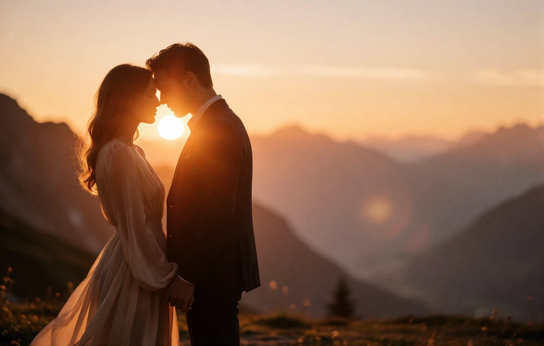 Couple standing forehead to forehead on an alpine terrace with a glowing sunset behind them