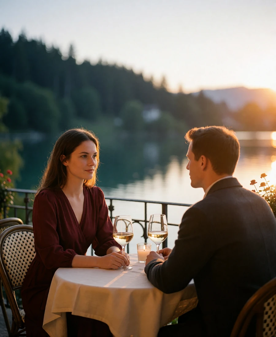 Couple sharing wine at a lakeside restaurant terrace in Switzerland at sunset