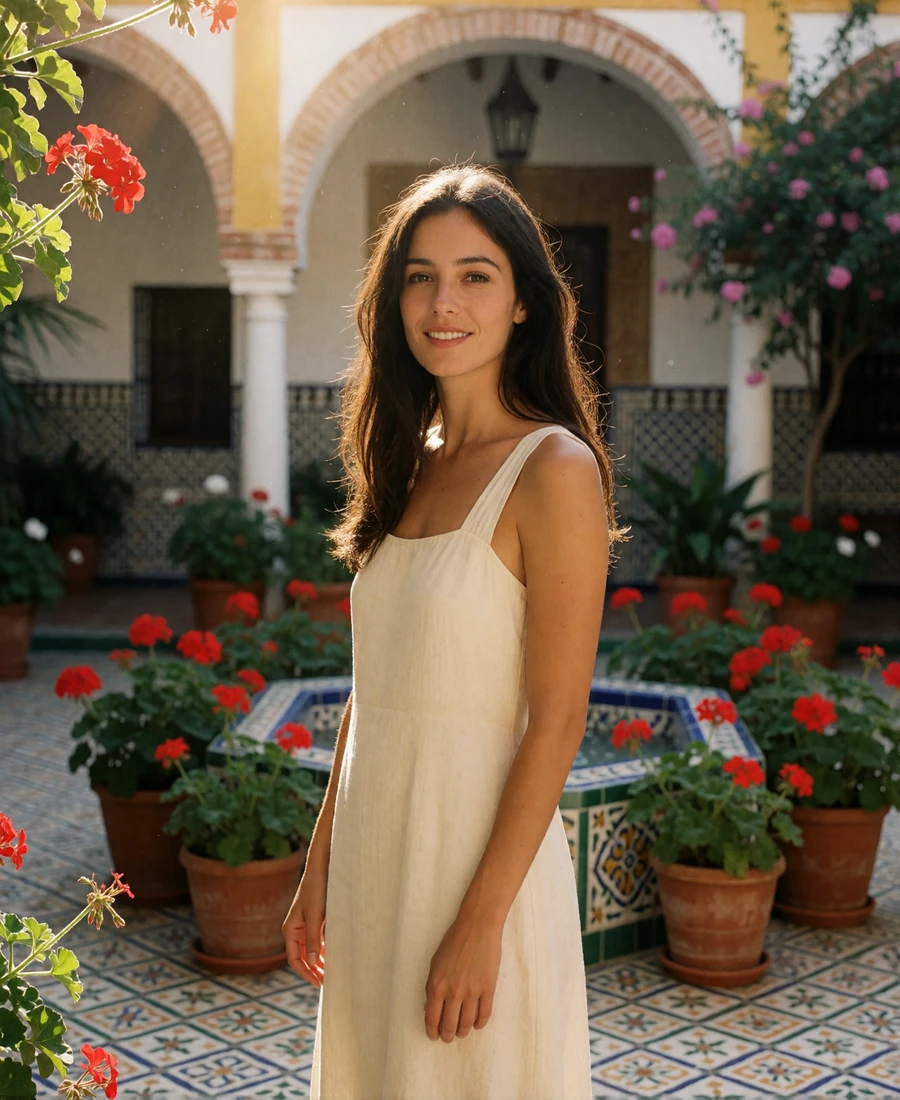 Spanish woman in a cream dress smiling in a tiled Andalusian courtyard filled with potted geraniums