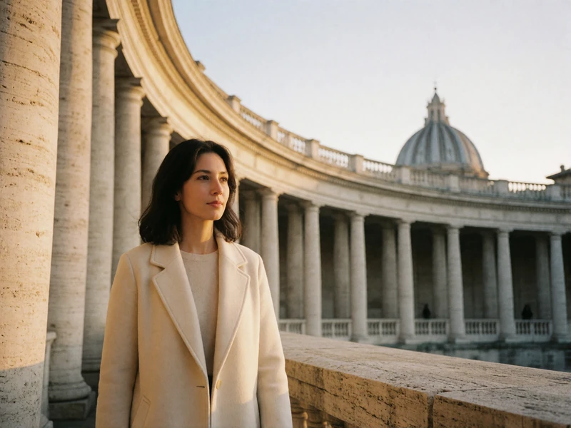 Woman in a cream coat walking along a travertine colonnade in Rome near the Vatican