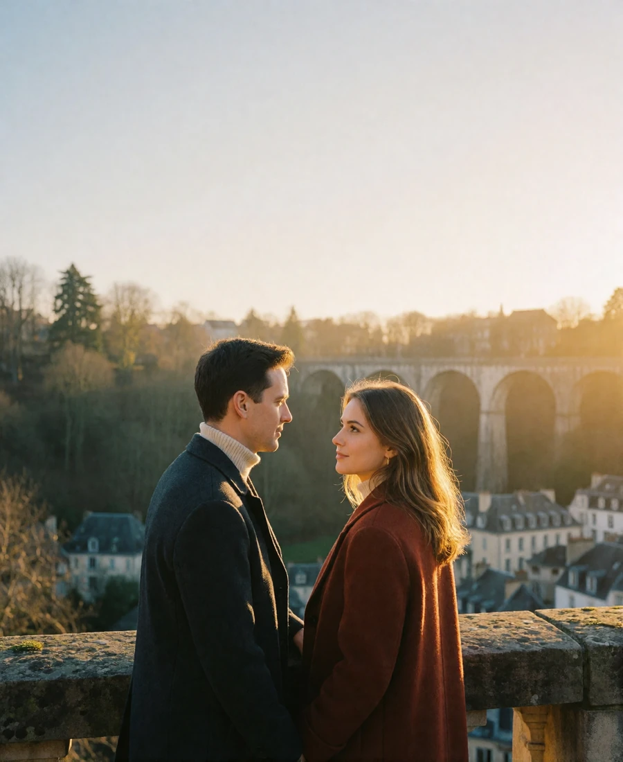 Couple at a stone parapet overlooking the illuminated Luxembourg viaduct and valley at dusk