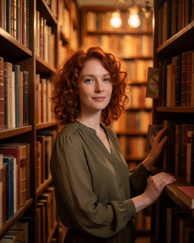 Red-haired British woman in an olive blouse smiling among tall wooden shelves in an old bookshop