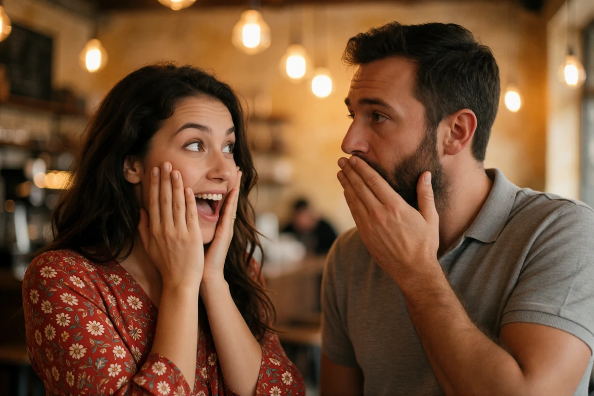 European woman pressing her palms to her cheeks in mock surprise while a bearded man covers his mouth laughing in a warm cafe