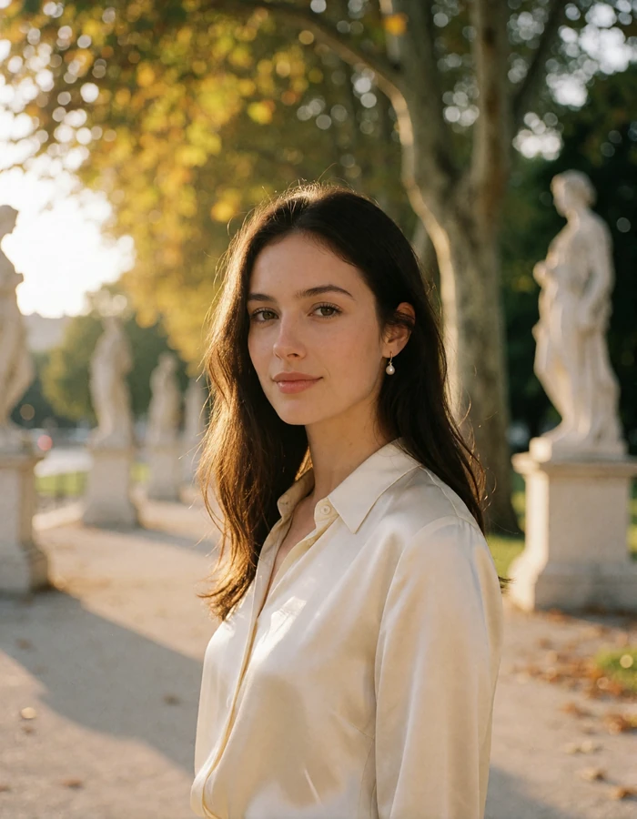 Austrian woman with long dark brown hair standing on a Viennese park avenue lined with statues and plane trees