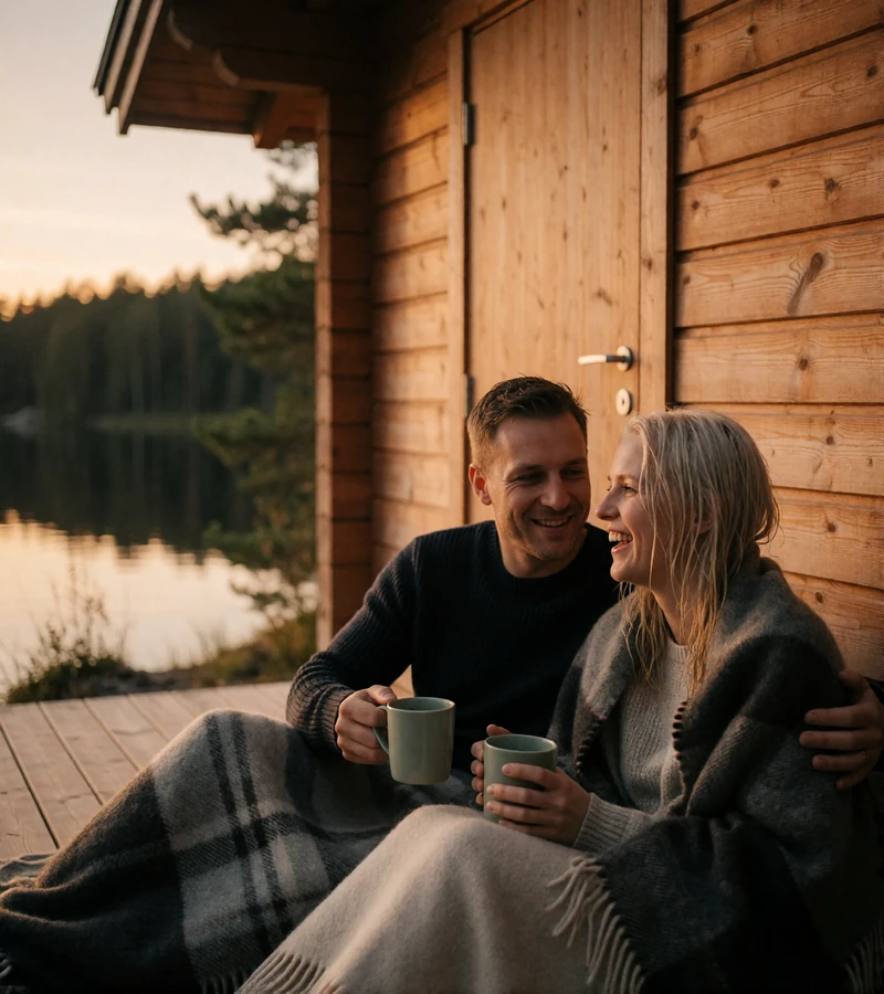 Couple wrapped in blankets on the wooden deck of a lakeside cabin near Estonia
