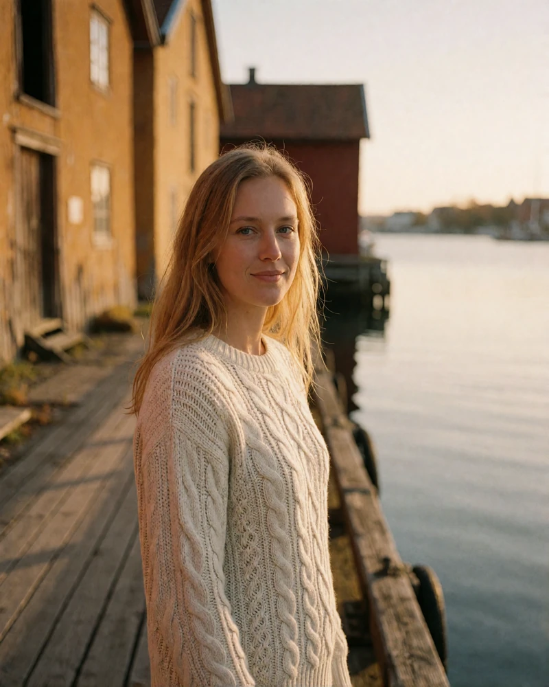 Norwegian woman in a cream sweater on an old wooden wharf beside a calm harbour