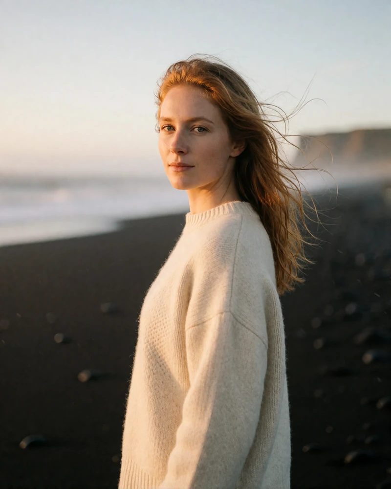 Icelandic woman in a cream wool sweater standing on a black volcanic sand coastline