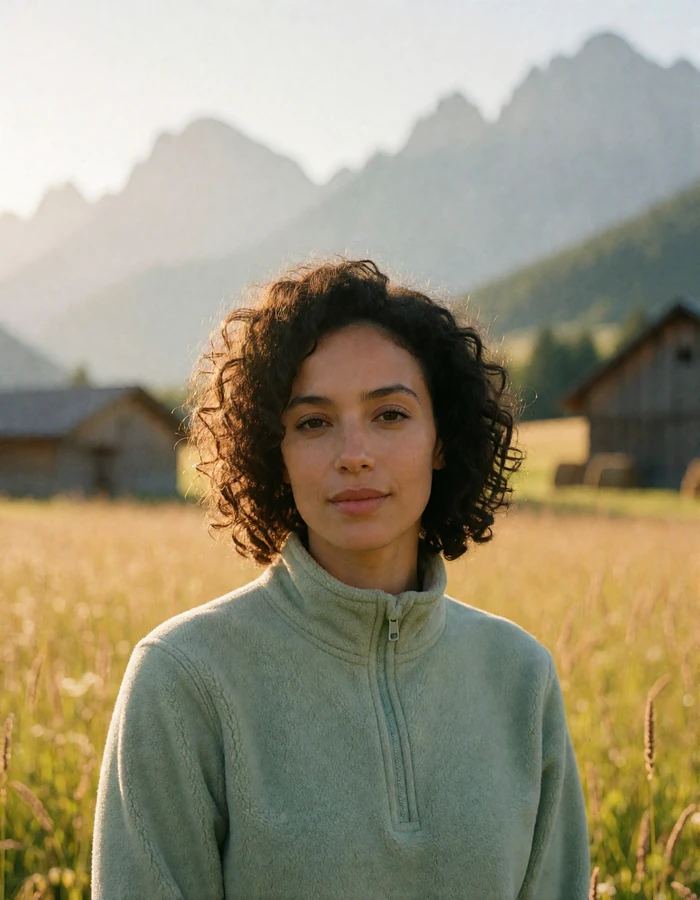 Woman with dark curly hair in a sage-green fleece in a high alpine meadow with hay barns