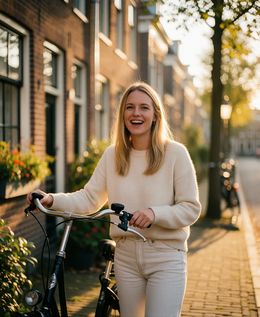 Dutch woman in a cream sweater laughing beside her bicycle on a quiet brick street in the Netherlands