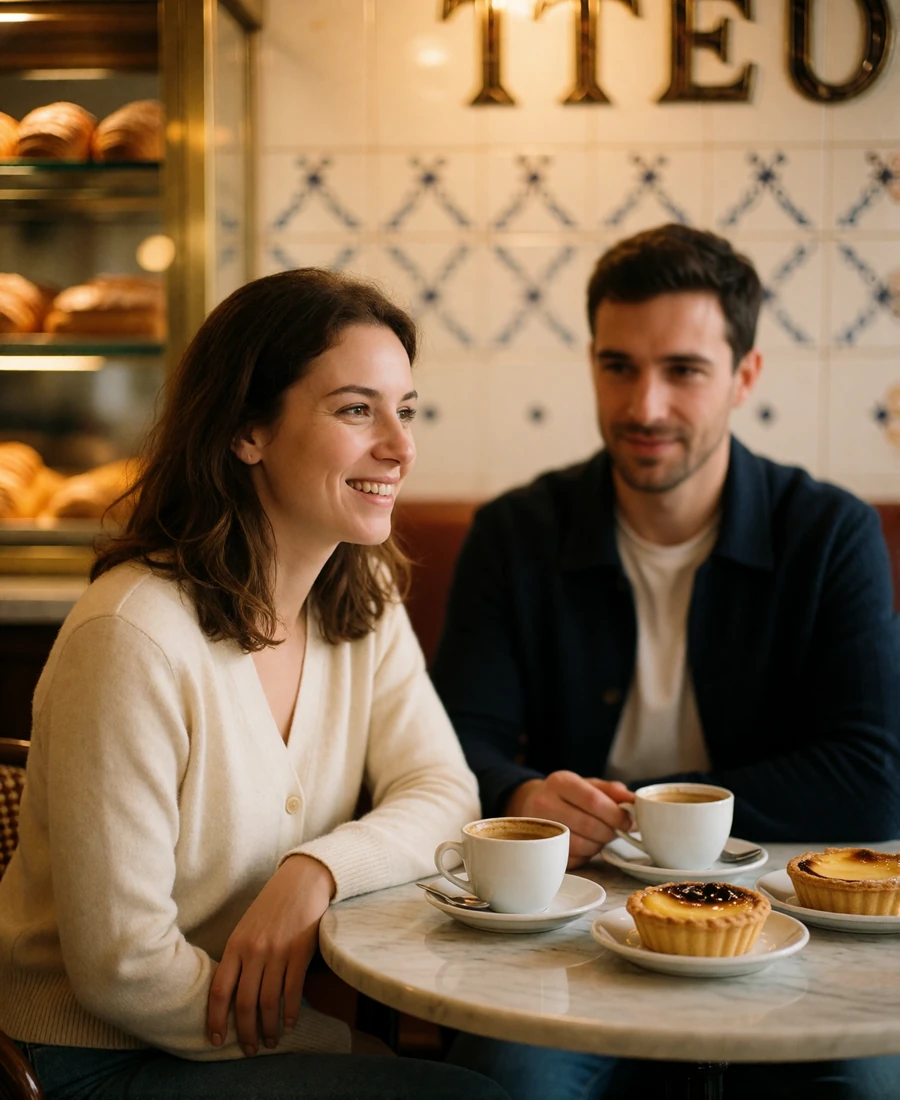 Couple sharing coffee and custard tarts at a marble café table in a traditional Portuguese pastry shop