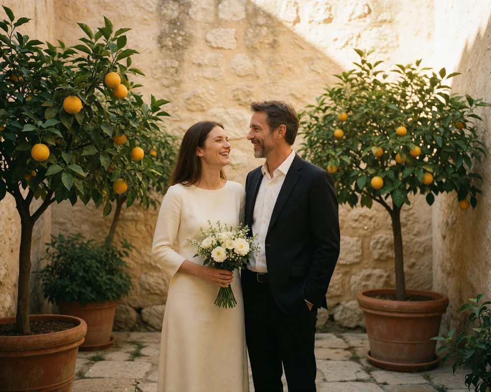 Newly married couple laughing together in a sunlit stone courtyard with potted citrus trees