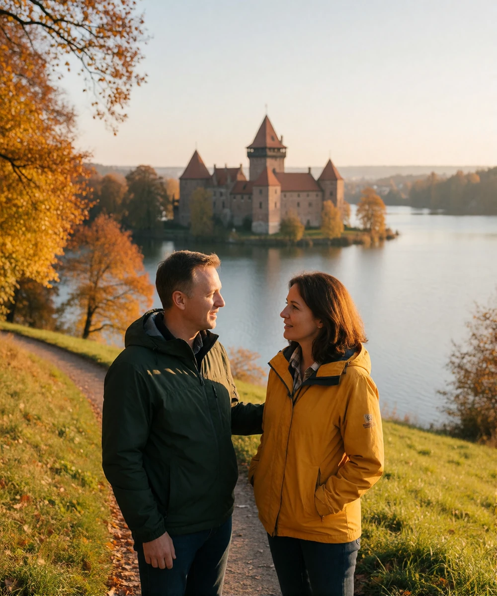 Couple standing on a hillside overlooking a lake and medieval castle