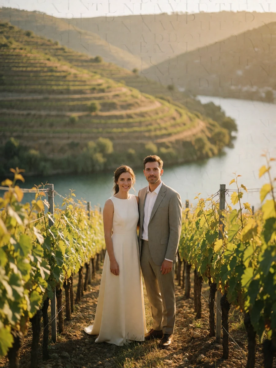 Bride and groom standing together among terraced vineyards in the Douro valley