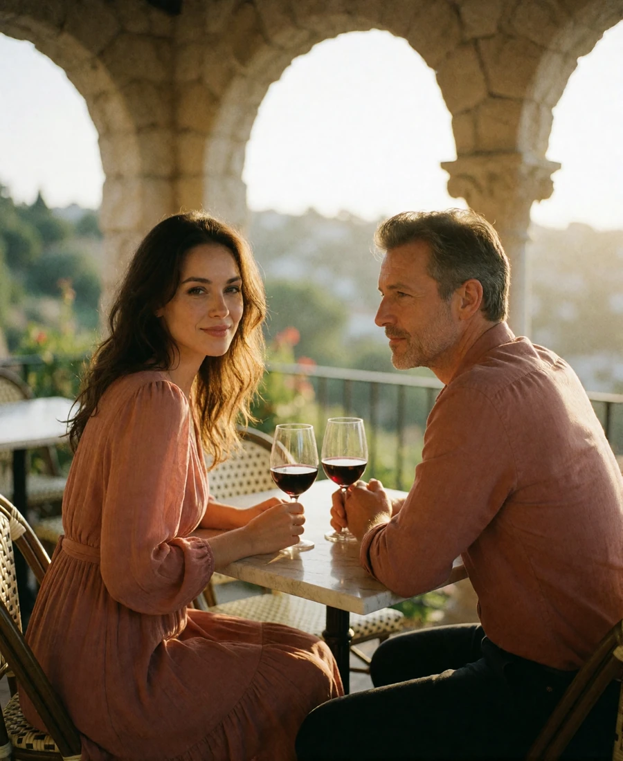 Couple sharing wine at a marble table on a hillside terrace overlooking the San Marino valley at sunset