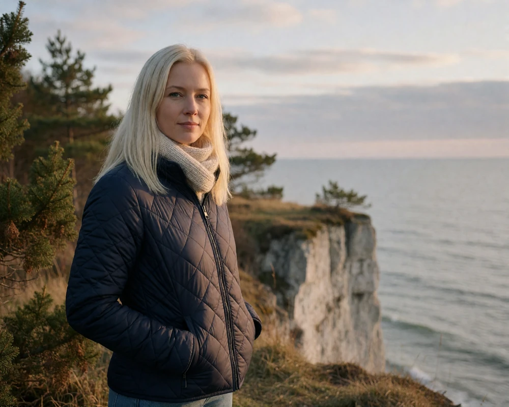 Estonian woman in a navy jacket standing on a grassy coastal cliff overlooking the northern Baltic Sea