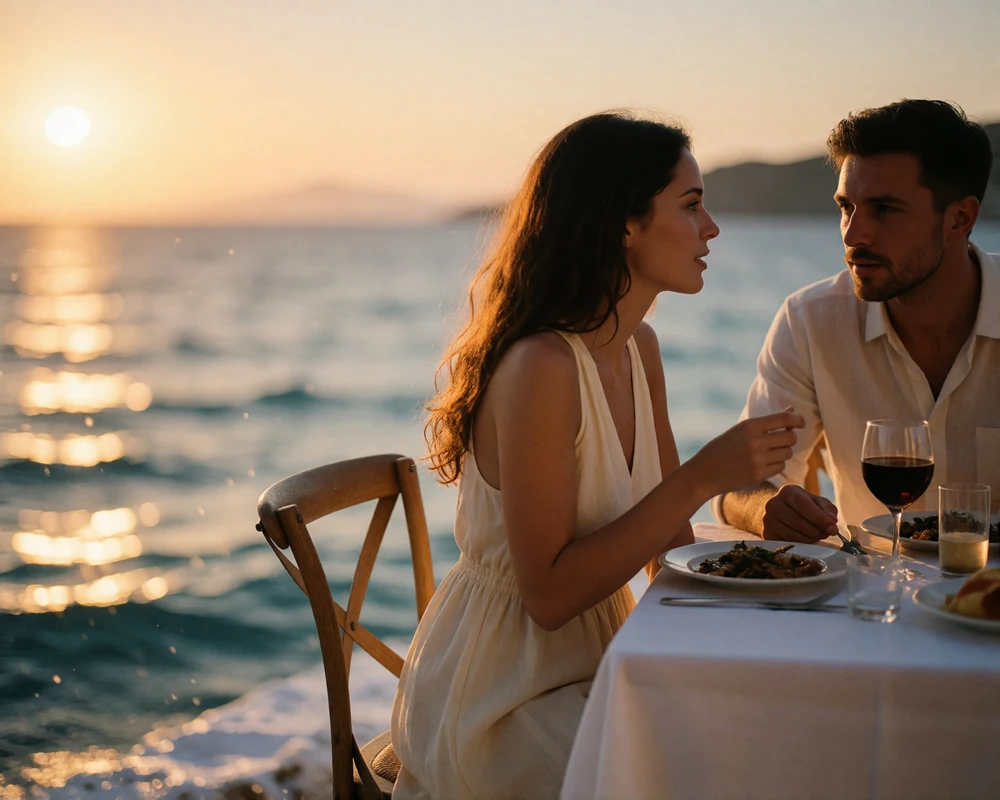 Couple sharing an alfresco dinner at a table set near the water's edge at sunset