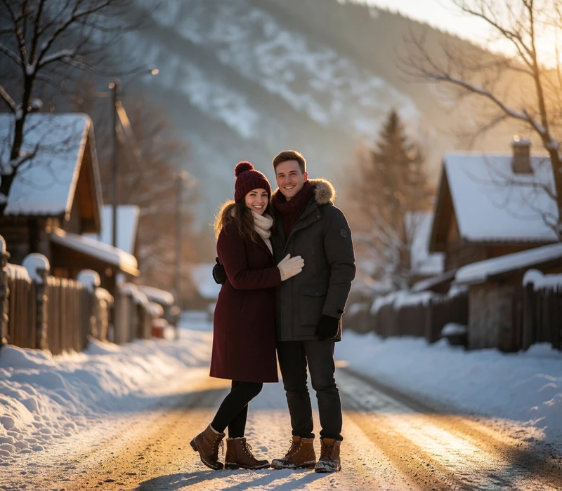 Couple walking together on a snow-dusted village lane in winter
