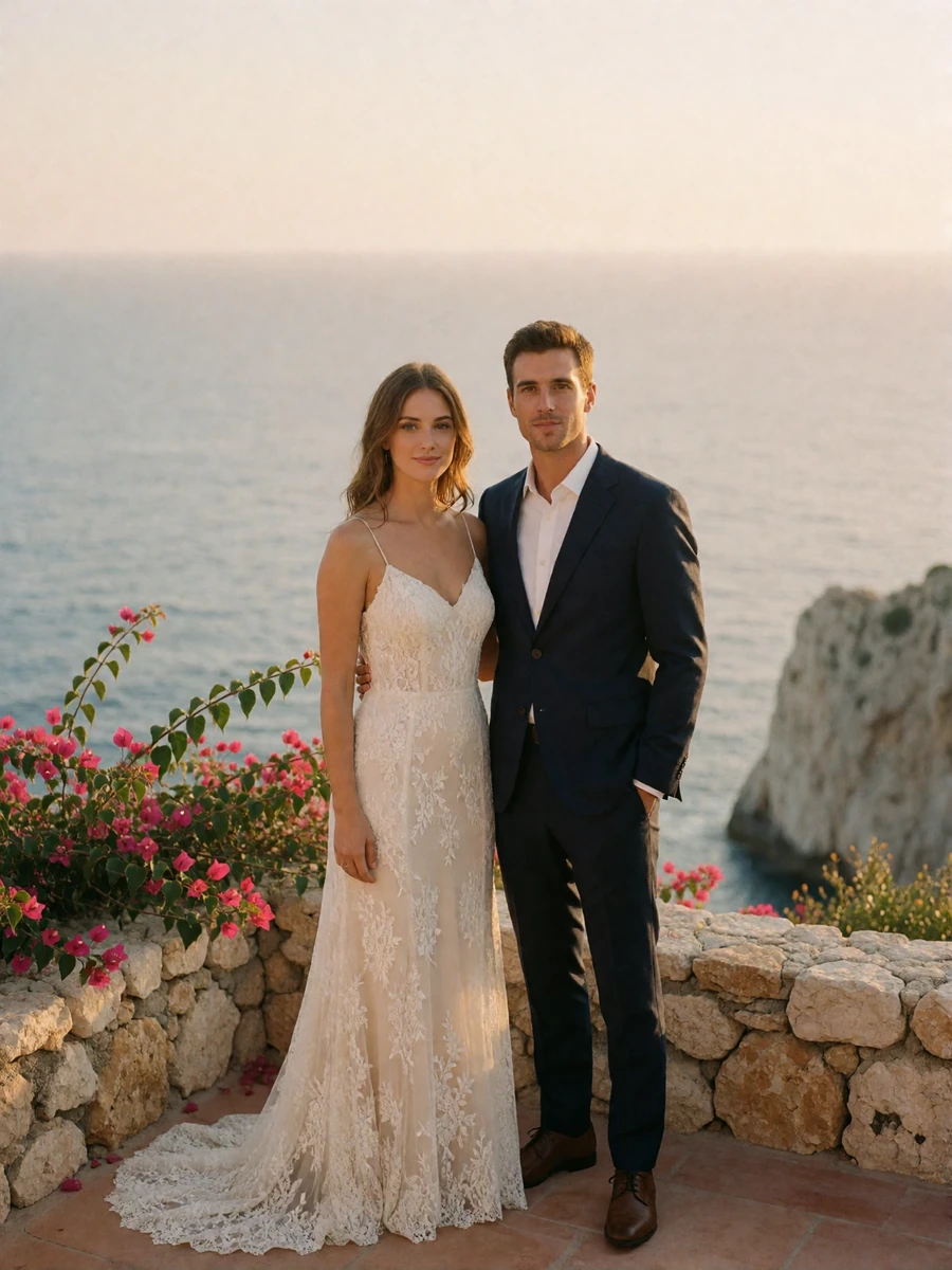Bride and groom standing together on a cliffside terrace above the Mediterranean coast