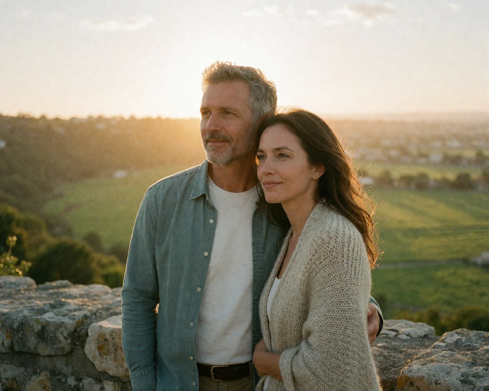 Couple standing at a stone lookout above a wide green valley at sunset, leaning against each other