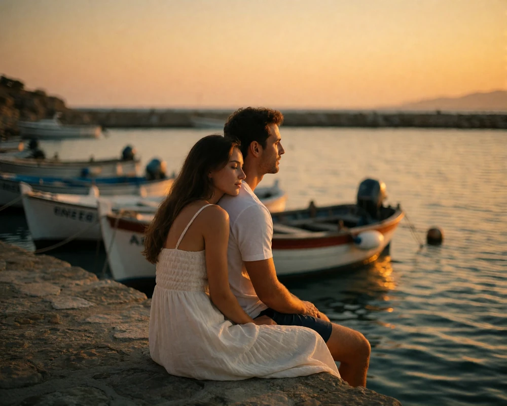 Couple sitting together on a stone harbour edge at dusk with fishing boats blurred behind