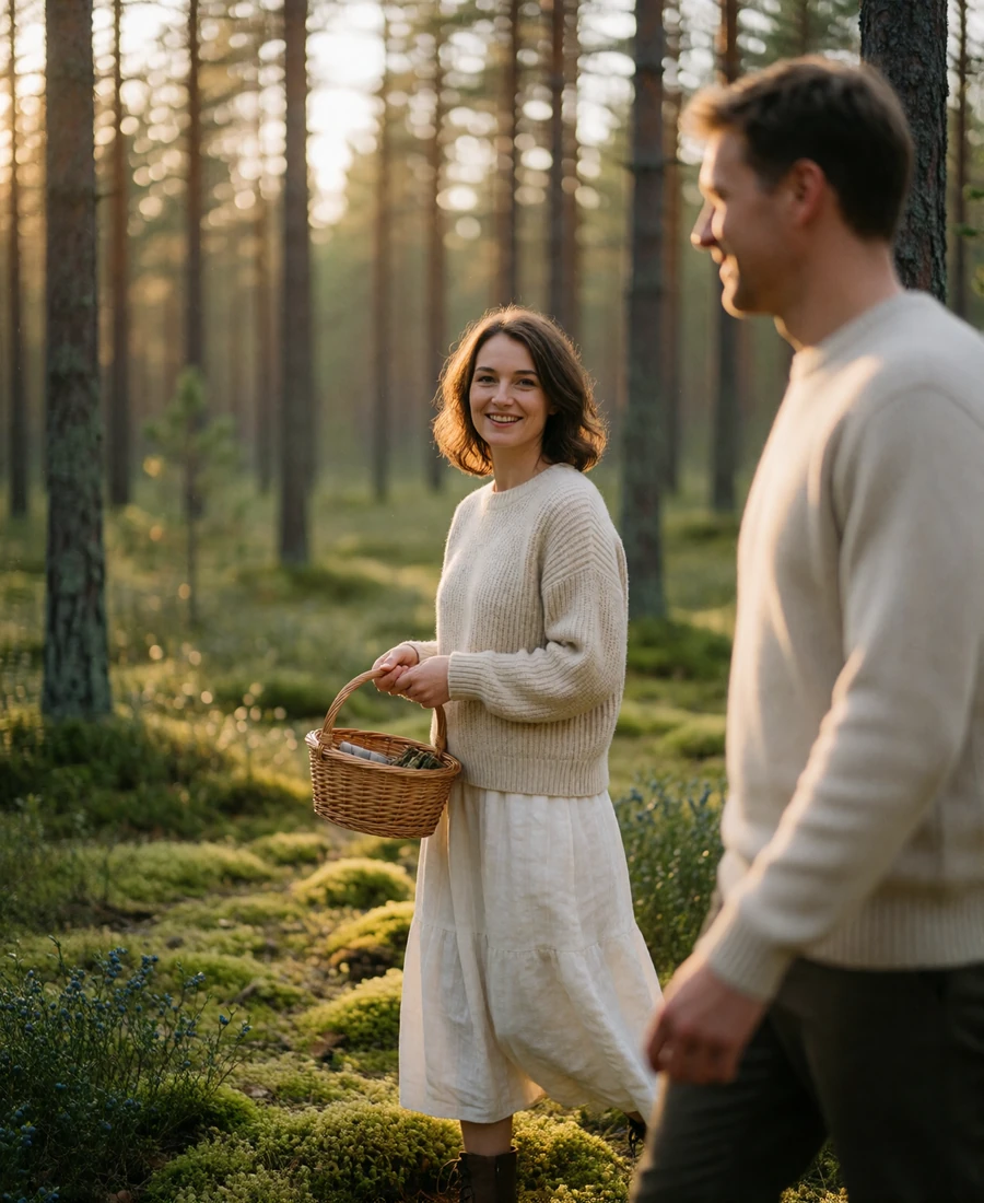 Finnish woman smiling while walking with a man through a mossy pine forest carrying a small berry basket