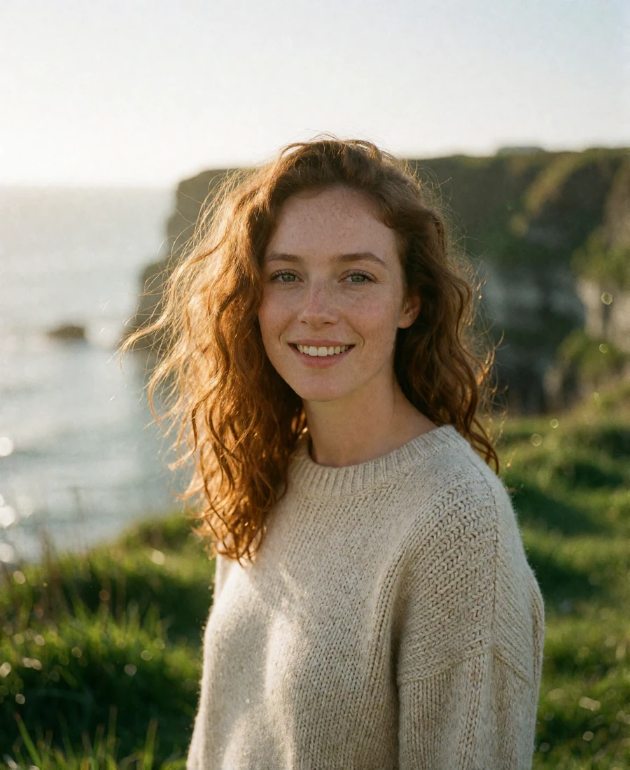 Irish woman with wavy auburn hair smiling on a grassy Atlantic coastal headland at golden hour