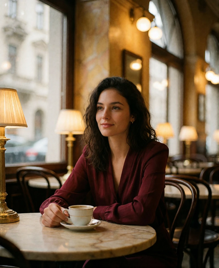 Austrian woman with dark wavy hair seated at a marble table in a traditional Viennese coffee house