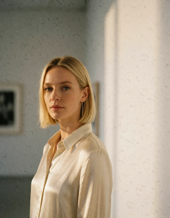 Swedish woman with a sleek blonde bob standing in a bright minimal gallery space