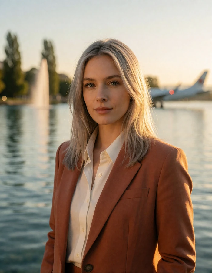 Swiss woman with ash-blonde hair in a terracotta blazer standing along the Geneva lakefront