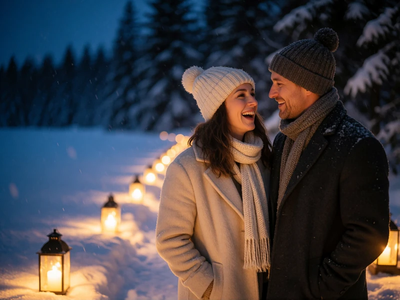 Couple in wool coats laughing together on a snowy path lined with glowing lanterns at dusk