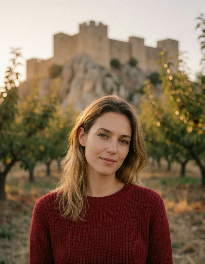 Woman with dark blonde hair in a deep crimson knit sweater near an orchard and stone fortress