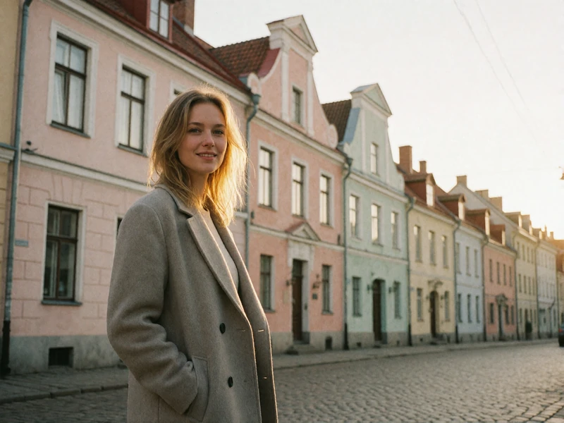 Latvian woman in a grey wool coat smiling on a cobbled old-town street in Riga