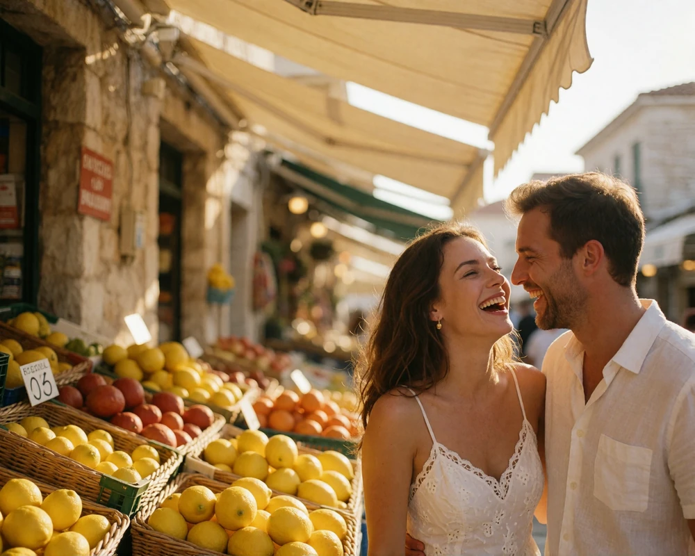 Couple laughing together in a sunlit Greek market street lined with lemon awnings