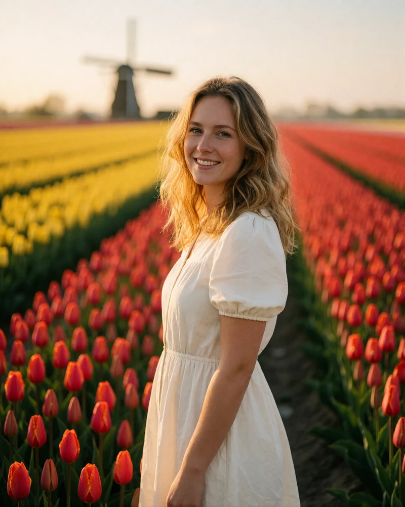 Dutch woman in a white cotton dress smiling at the edge of a tulip field with a windmill in the distance