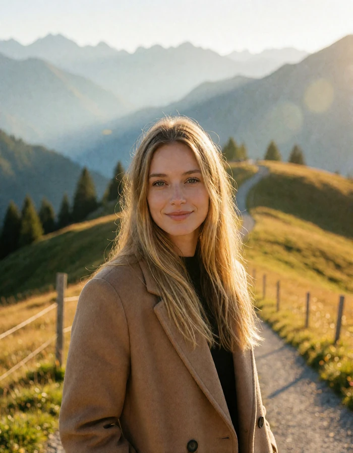 Austrian woman with long straight blonde hair standing on an alpine mountain path in Tyrol