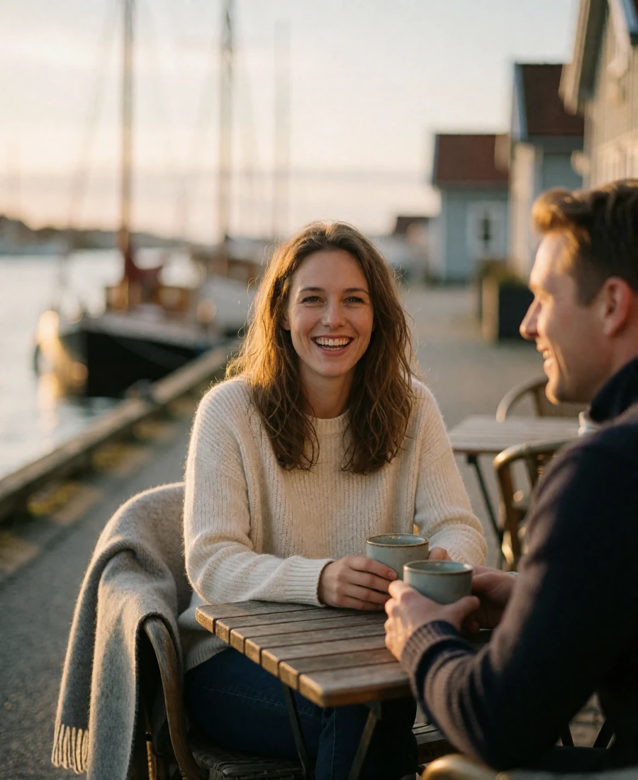Couple sharing coffee at a wooden harborside cafe table in a Norwegian coastal town
