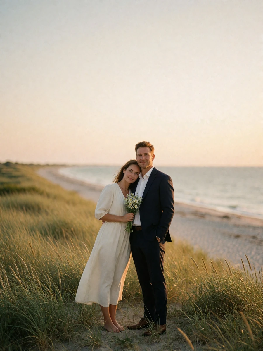 Couple standing together on a grassy coastal bluff above a Danish beach at sunset, dressed for their wedding
