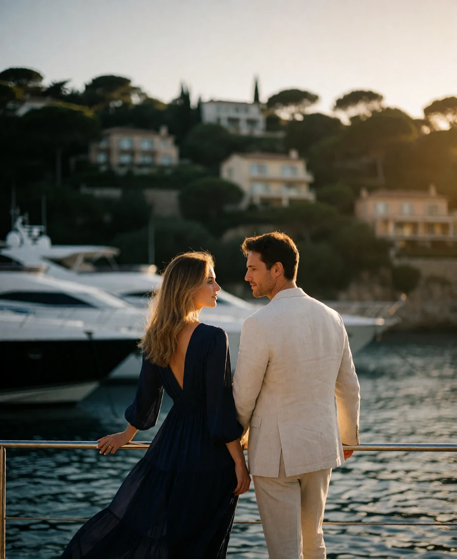 Couple standing together at a Riviera marina railing at golden dusk with yachts moored behind them
