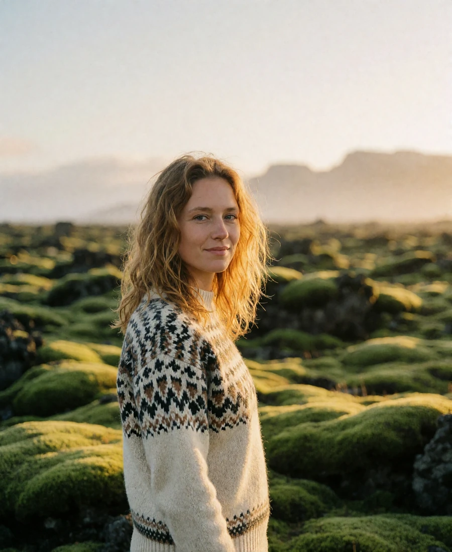 Icelandic woman in a cream wool sweater standing on a moss-covered lava field at golden hour