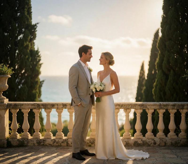 Bride and groom standing on a stone terrace overlooking the Mediterranean with cypress trees in soft focus behind them