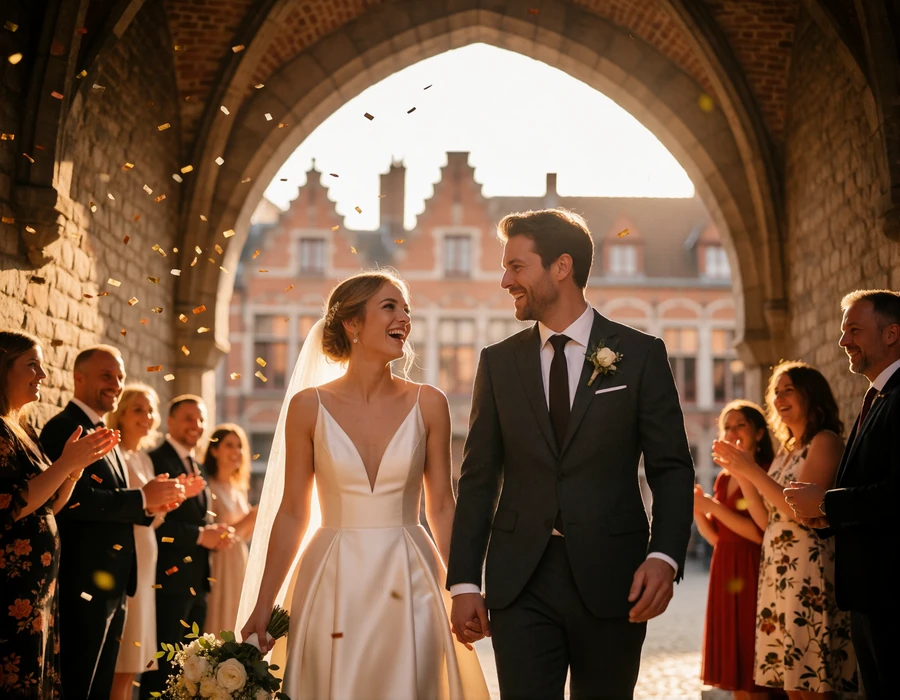 Bride and groom laughing under a stone archway in a Belgian old-town square