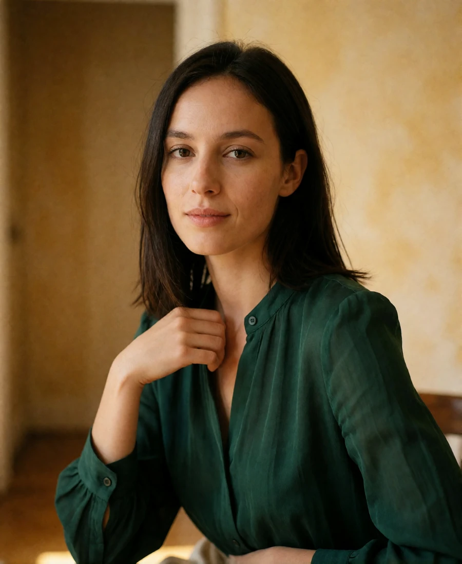 European woman in a deep green blouse offering a small restrained smile in soft window light