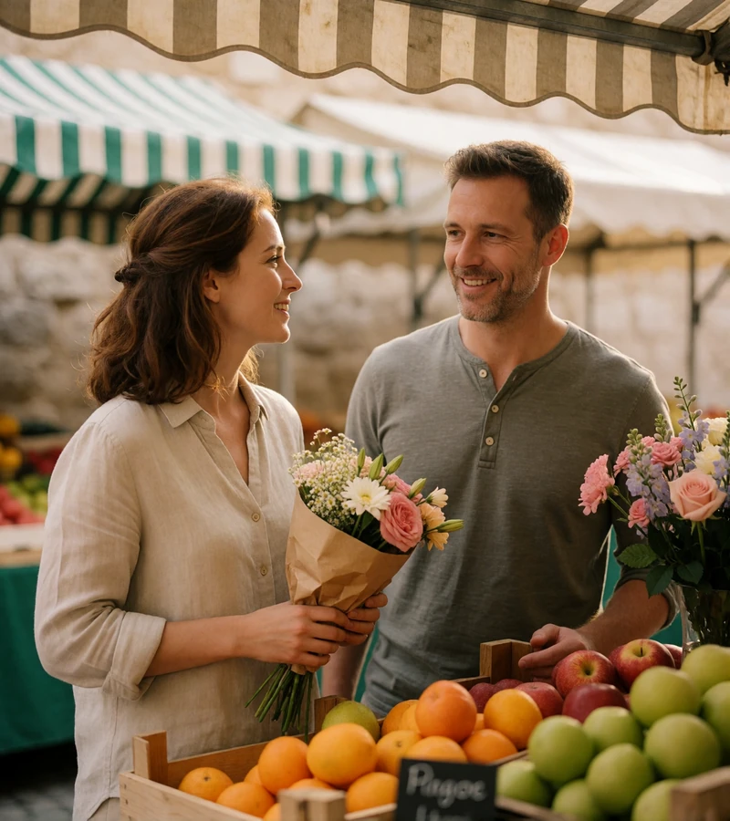Couple browsing a fruit and flower stall together at an open-air morning market