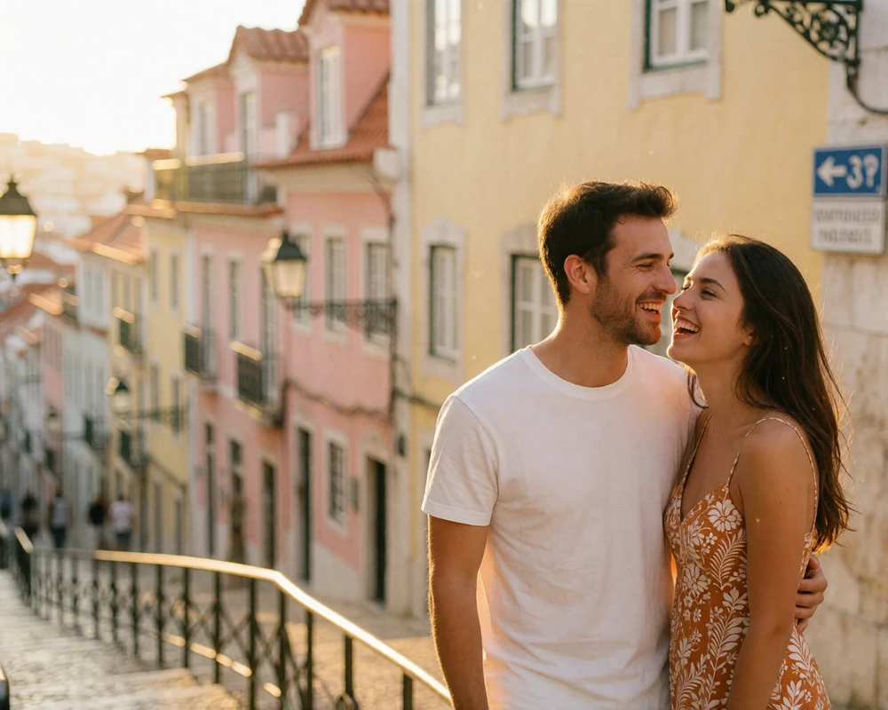 Couple laughing together on a steep Lisbon street lined with pastel building facades