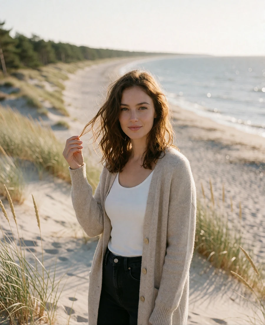 Lithuanian woman in a sand-colored cardigan smiling on a windswept Baltic Sea dune at golden hour